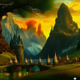 Epic Drawing of mordor scenery with gnomes of The Hobbit estilo Van Gogh 4k