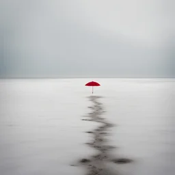 A captivating hyper minimalist photograph of a barren snow-covered field on a grey day. The overall color palette is muted. In the distance there is a single red beach umbrella in ground. The field stretches out in a long view creating a sense of isolation and desolation.