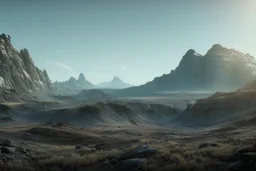 Epic mountain landscape, planet in the horizon