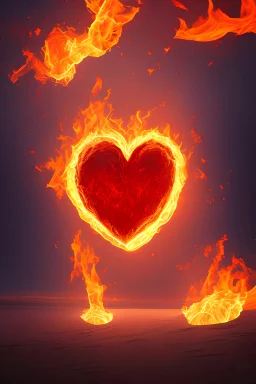 El corazón rojo hecho de fuego en la playa de la noche