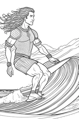 Outline art for coloring page OF A BUFF SURFER WITH LONG CURLY HAIR LOOKING AWAY FROM THE CAMERA IN SHORTS RIDING A WAVE IN HAWAII, coloring page, white background, Sketch style, only use outline, clean line art, white background, no shadows, no shading, no color, clear