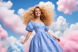 an impossibly tall woman with curly golden hair piled atop her head, wearing an intricately decorated blue and white gingham dress. She towered above you, a gentle smile playing at the corners of her bright blue eyes as she peered down at you. surrounded by fluffy cotton-candy clouds