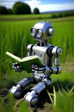 buatkan saya robot pononoid sedang membaca buku pemandangan perdesaan