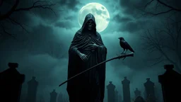 Hyper Realistic Statue Of The Iconic Grim Reaper Wearing A Black Cloak Standing Dramatically In A Gothic Cemetery With A Black Crow Sitting On His Weapon In A Thick Heavy Fog And Fireflies At Dark Cloudy Full Moon Night Showing Dramatic And Cinematic Ambiance.