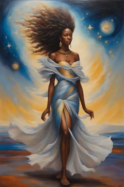As she walks, her hair flows behind her like a celestial river, adding to the sense of movement and dynamism in the painting. Her presence is captivating, drawing the viewer into her orbit with her magnetic charm and grace. Overall, the painting captures the beauty and majesty of the cosmos, juxtaposed with the strength and resilience of the African female form. It's a celebration of diversity, beauty, and the infinite possibilities that lie within the universe.