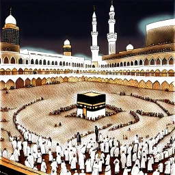 The scene in Mecca: People wearing white Ihram clothes, men without head coverings, women with veils, circumambulating around the Kaaba, and above them are transparent white spirits of children, men, and women with wings revolving around the Kaaba.