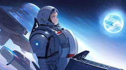 Female Astronaut looking out into space from a small window on her spaceship, in the style of Perfect Blue, Somber, beautiful planets, stars, inside of the spaceship, viewing from behind, existential, horror