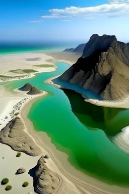 generate a beautiful image of Kund Malir Balochistan, showing the beach, road and dry mountain