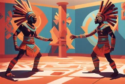 two arafed persons arguing in ritual combat stance, afrofuturism, arafed angularity, aztec vibe, patchwork vibe, side view, aztec room with extreme body action, sharp color contrasts, amazing shadows, exaggerated limbs and heads, minimal cozy, warm palette, bright bold warm summer colors, ritual scene, futuristic tribal style, Aztec influence, sculptural helmets, spiked headdress, geometric borders, patterned red rug over dark wooden floor, tribal ceramic vases with potted plants