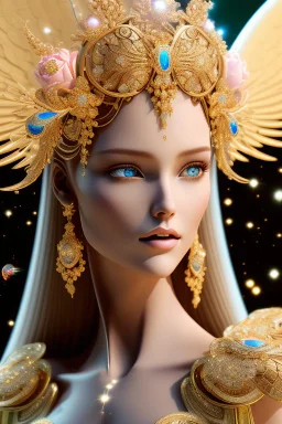 Flower, face,angel, blondie, beautiful place,amazing, cosmic, colors, planet, gold, realistic, photo real, stars night, detailed, high contrast, 8k high definition, unreal engine 5, extremely sharp detail, light effect, light background