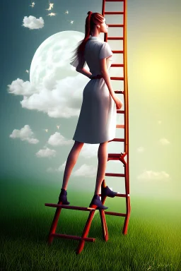 dressed woman on the ladder above clouds