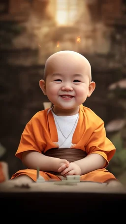 A 3-year-old monk boy with round cheeks, sitting, looking at the camera, monk costume, cute and cute, masterpiece, high quality, highly detailed.