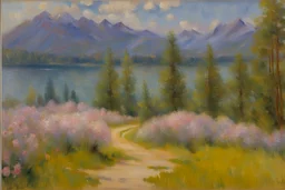 Mountains, lake, flowers, pathway, pine trees, clouds, philip wilson steer impressionism painting