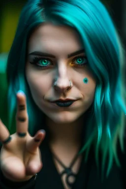 a vampire with turquoise eyes shows her middle finger