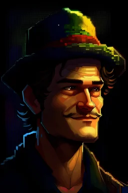 Un retrato al estilo pixel art de Guybrush Threepwood, con un joven de tes morena, con una gorra negra, colorido e iluminado, nariza un poco mas gruesa, mirada alegre