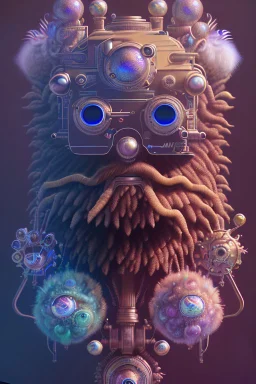 bearded man head with feathers, spheres, cubes, gears, clocks, engine parts, exhaust pipes, fur, peacock feathers, mechanism, in the style of Android Jones, gradient, bioluminescent, rococo, photorealistic, intricate details, 8k, purple and gold, digital painting, top light, illustration, trending on artstation