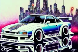 a true-to-life 1998 nissan silvia k's rocket bunny, centered, intricate, extreme detailed, photorealism, center view, city background, pivot on nissan, pen and color marker, painting by cheryl kelley