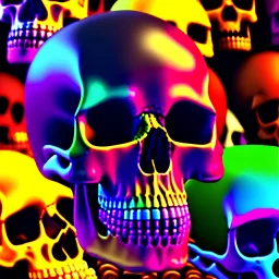 a picture of a dark, comedic, anatomically correct wall of colorful tightly packed stacked skulls of varying sizes and expressions, photo realistic, insanely meticulous, highly detailed, part of a collection of bones on display, 64k, dystopian, vray, cartoonish, cartoon character skulls