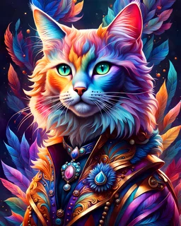 Full body Beautiful anthropomorphic cat colorful art conceptual, amazing artwork, hyper detailed, ultra maximalist quality, 12k