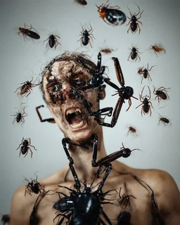 horror, swarming mechanical robotic insects, bugs, cockroaches, flies, spiders, ticks, parasites screaming person, pain, decay