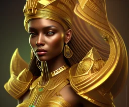 Beautiful brown pharaonic queen, golden and green pharaonic dress, clear, clear features, too many details, 4k, 8k, portrait, 3d, fantasy