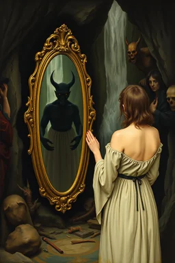 a woman standing in front of a mirror with reflection of her as dark creature in the mirror, in the dark cave with waterfalls in the background, Bosch painting style