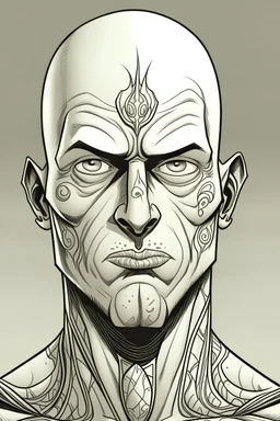 Portrait of male human with no hair, tatooes on his face, comics Frank Cho style