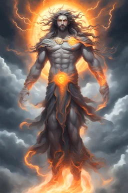 full body picture of a "god of the weather" who has long hair made of clouds. he also has glowing orange eyes that look like they're 2 suns. his body is made out of storm clouds with bits of lightning inside, his body also has glowing orange cracks all over it that look like they're made of the sun. he has greek god clothes on that are completely made of ice. realistic 4k