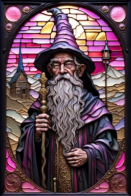 old man hyperdetailed face; 3D embossed textured image; bleak, dismal, dark ominous hues, contrast, vintage, elegant details, a celestial old man wizard facing the viewer with a highly detailed gaunt face and an ornate staff stands on a pink gold hill gazing down at a faraway village, stained glass, agate with pewter, foil lametta; autumn, leaves, nebula star full orange blood moon, pink orange yellow nebula sky, sunstone, spinel, fire opal, Rhodolite, pearls, sequins, gemstones, perfect anatomy