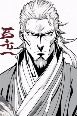 A manga-style portrait of a 35-years old male Shinigami, in the style of "Bleach", tall and muscular, with wild silver-gray hair, steel-colored eyes, and a scar across his left brow and cheek. He wears a tattered captain's haori of the 11th Division, open kimono revealing a dragon claw tattoo on his chest, and metallic claws on his forearms. He smirks defiantly, standing in a dynamic pose with silver reiatsu swirling around him.
