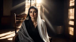 Hyper Realistic Photographic-view of a Young Beautiful Happy Pashto Woman With Beautiful Eyes & Kajal with beautiful lips with light-smile wearing black dress & covering herself with white-shawl sitting on rocking-chair inside a dark lounge with sun-rays coming from window on her face with detailed shadow casting showing dramatic & cinematic ambiance