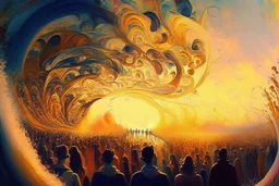 Crowd of people each painting magical swirls of colourand soundin the air with paintbrushes,surreal,golden hour