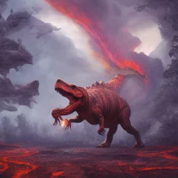 dinosaurs, active volcano, ash, forest, dynamic lighting, dynamic movement, panorama, wide-angled lense, DSLR, dramatic, 8k resolution concept art hyperdetailed dystopian 8k resolution holographic astral cosmic illustration mixed media by Pablo Amaringo, t-rex, stegosaurus, triceratops, allosaurus