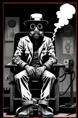 man with hat (wide and flat brim and a flat top) shading face, wearing a gas-mask, standing next to an electric-chair, vignette, black and white graphic novel style with a red outline on black background, gothic horror