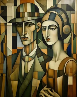 1920s cubist style, 17th century man and woman.