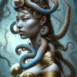 Sango fantasy, fantasy magic, intricate, sharp focus, illustration, highly detailed, digital painting, concept art, matte, art germ and Paul Lewin and Kehinde Wiley, masterpiece Indonesian lady head bronze octopus Asian African girl nice breast Thai hair turquoise silver blue waves