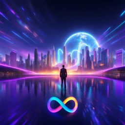 3D infinity symbol ∞, infinity figure-of-eight symbol is totally-symmetrical and brightly coloured, man silhouette facing epic scene of building, glowing earth, water, network and lights, exotic, inspiring, fantasy, neon, friendly, beautiful, octane render, 8k post-production, artstation: award-winning: atmospheric: commanding: fantastical: clarity: 16k: ultra quality: striking: brilliance: liquid medium: stunning colors: amazing depth; lens: f/8, 28mm