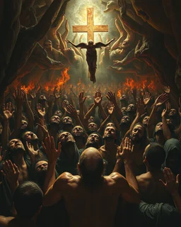 Bosch painting style, nightmare , a lot of sinners people suffering in hell crying for mercy and forgiveness begging for mercy looking up with hands up like praying, dramatic, great quality picture with cinematic scenes
