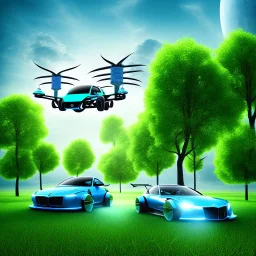 energy, power plant, technology, future, flying cars, green trees, blue sky, people