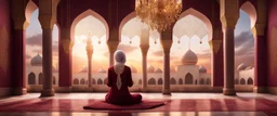 Hyper Realistic Photographic Back View Of A Fully Covered Muslim Young Woman Praying Inside a Beautifully Crafted Mosque With Maroon Wall And Golden Floral Patterns On It, And White Pillars With Maroon Floral Patterns On It, And A Beautiful Chandelier At BEautiful Cloudy Sunset View From Outside Mosque Window Showing Dramatic And Cinematic Ambiance.