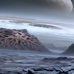 paisaje alienígena de la luna europa del planeta Júpiter con muchos seres extraños extraterrestres caminando en la superficie en un clima nuboso frío, imagen panorámica fotorealista 4k