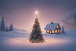 single christmas tree with lights on north pole, santas house at the horizon