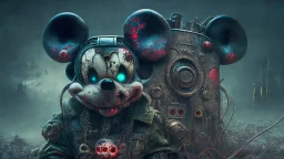 zombie mickey mouse hybrid, photorealism, movie screen capture, horror, sci-fi, retrofuturism,