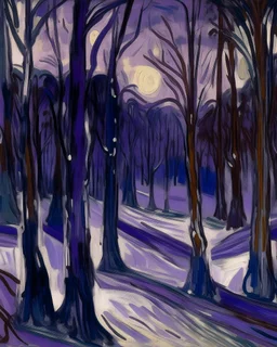 A purple winter forest painted by Edvard Munch