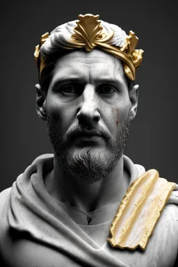 Ultra Realistic image, Roman sculpture, white marble material, Lionel Messi, gold crown of natural thorns, god crown, gold veins, gold ornaments, Renaissance style, sun rays background, waist up portrait, epic, celestial, cinematic lighting, God lights, 4k resolution, smooth details, soft lighting, unreal engine 5, art station, substance 3d.