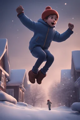 cartoon boy falling from sky on a snowy night, 3 d render, photorealistic, octane, 8 k, pixar - clip art by chris ware, beeple style, cg society contest winner, unreal engine, deviantart, ray tracing, global illumination