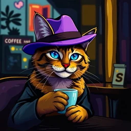 smiling cyberpunk cat in purple bowler hat with blue cyber eye sitting in cafe drinking coffee, image in Pablo Picasso style