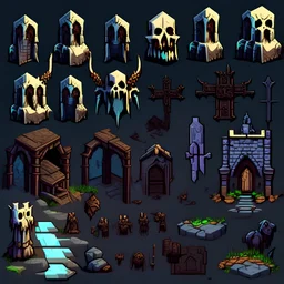 sprite sheet, 2D art, top down assets for a post-apocalyptic dungeon crawler, underground, churches, fighting demons