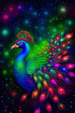 "Create a mesmerizing digital artwork that combines the ethereal beauty of a starlit galaxy with the intricate patterns and vibrant colors found in a peacock's plumage. Infuse a sense of cosmic wonder and regal elegance into the composition, allowing the viewer to be transported to a realm where celestial and earthly aesthetics harmoniously converge."