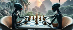 alien chess masters playing serious chess on hex map in lounge on beautiful lush planet